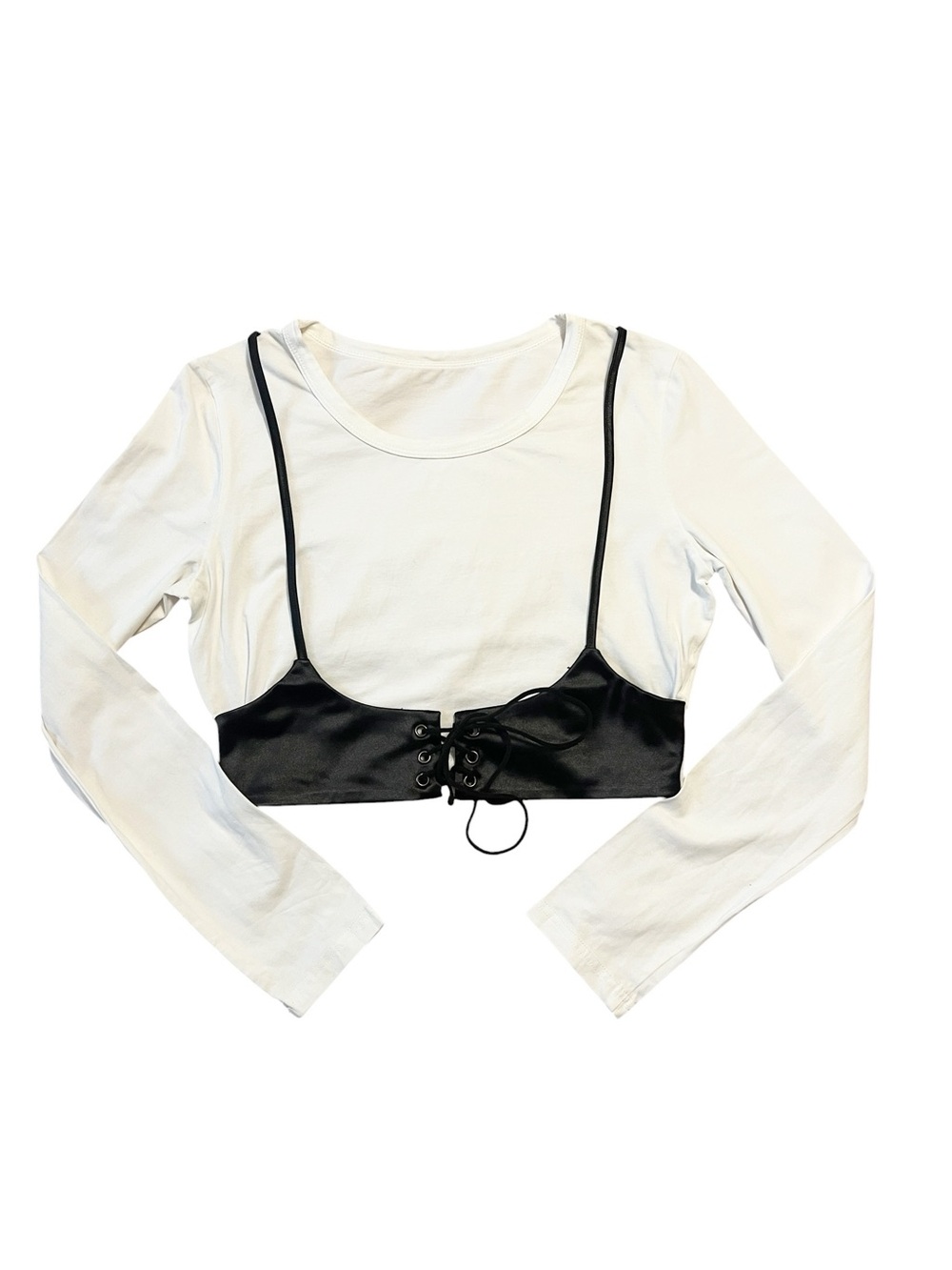 SHEIN White Long-Sleeve Tee with Black Lace-Up Corset L